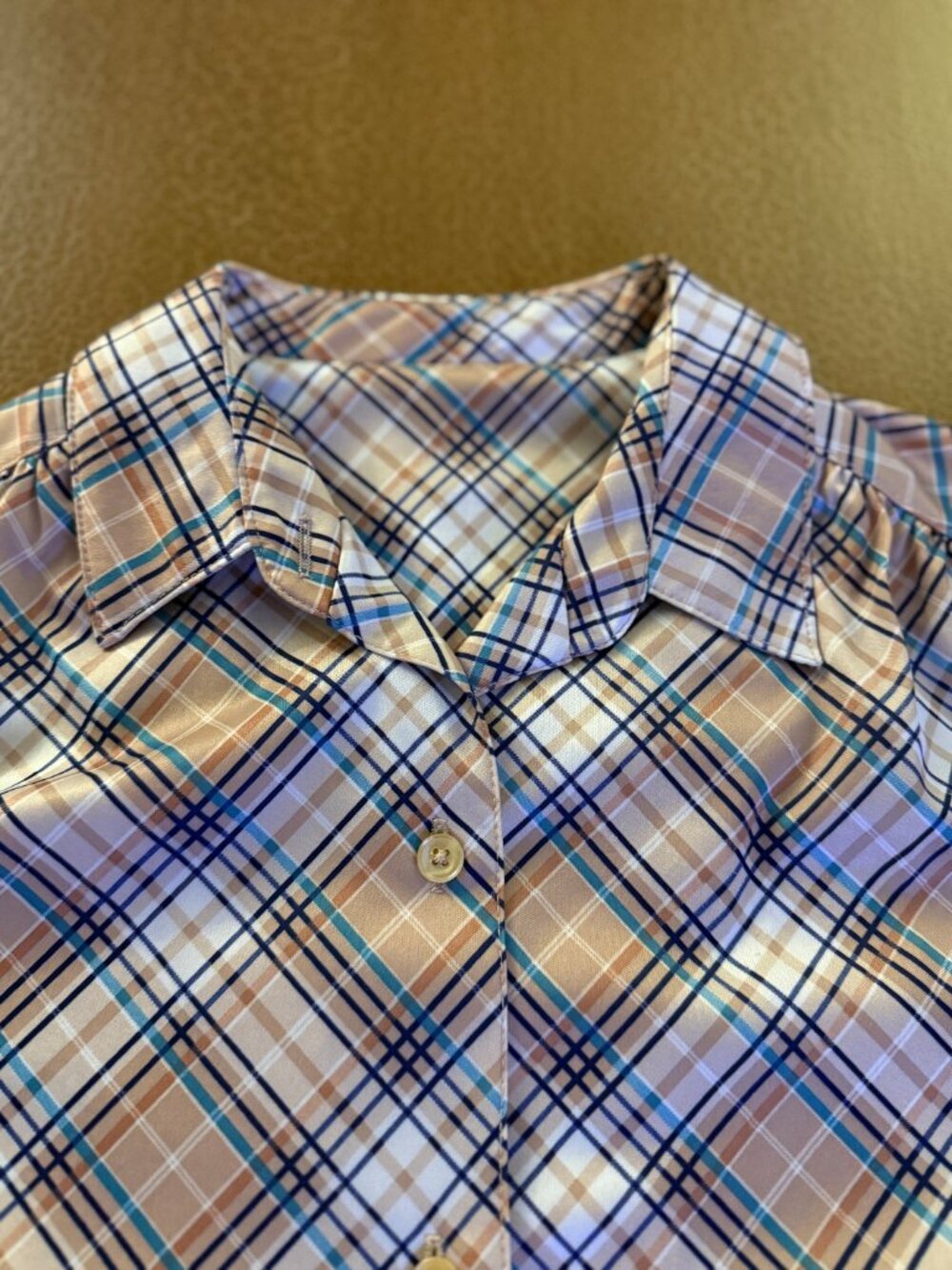 70s Vintage Style Inspired Plaid Brown & Blue Shirt - Size (Small or Medium?)